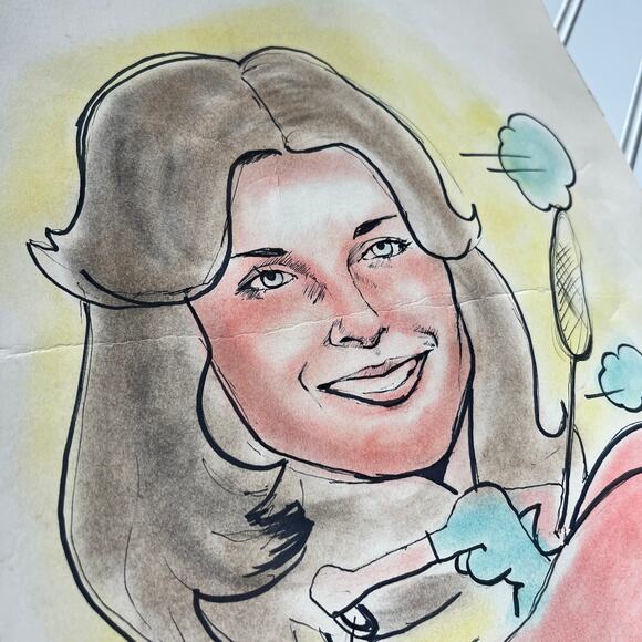 Vintage Original Caricature portrait drawing Women in Red Car 70's 80's Romcom - Picture 5 of 9